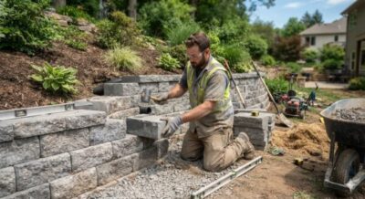 Worker building retaining wall